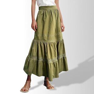 NEW - SHEIN Tiered Maxi Skirt with Lace, Military Green -Size Large (8/10)